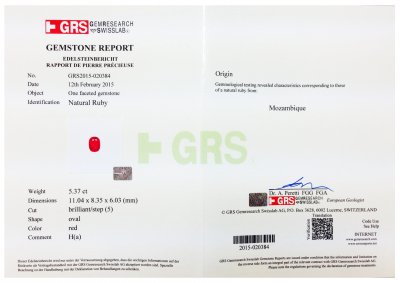 Certificate Rubis 5,37 carats, Mozambique (GRS)