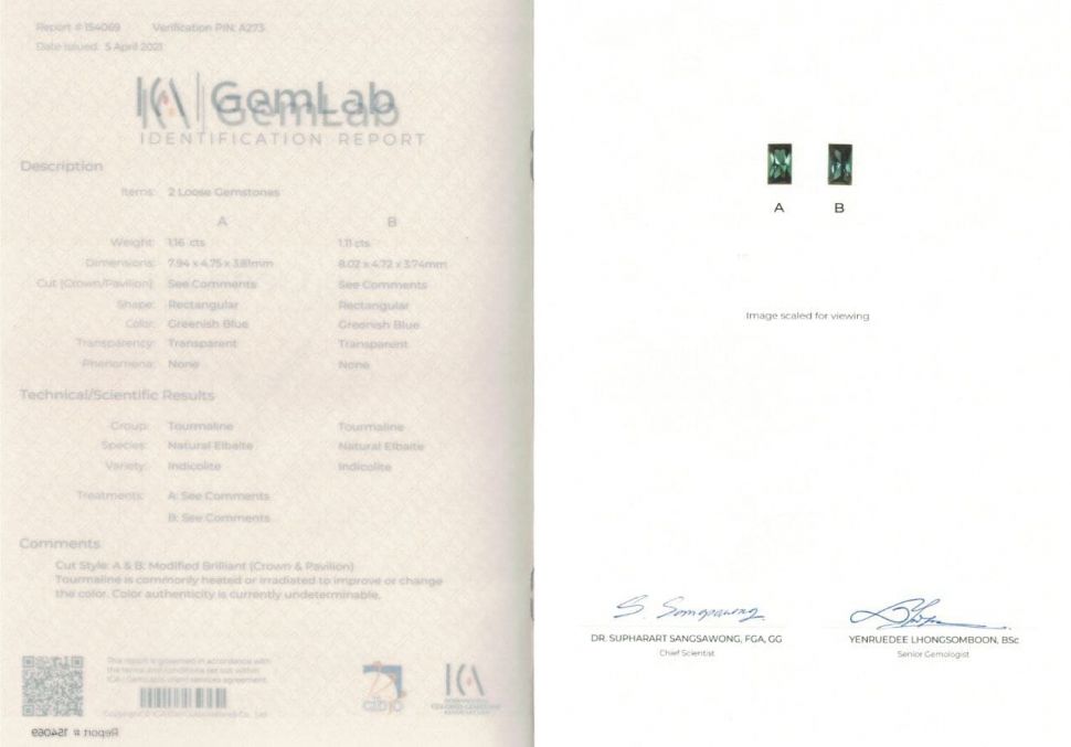 Certificate Pair of indicolites 2.27 ct, Afghanistan
