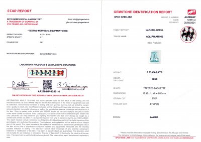 Certificate Trapezoid cut aquamarine 5.33 ct, Zambia, GFCO