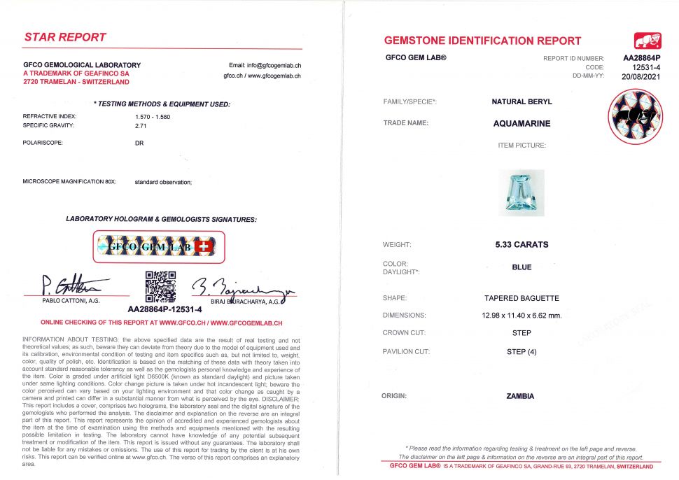 Certificate Trapezoid-cut aquamarine 5.33 ct, Zambia, GFCO