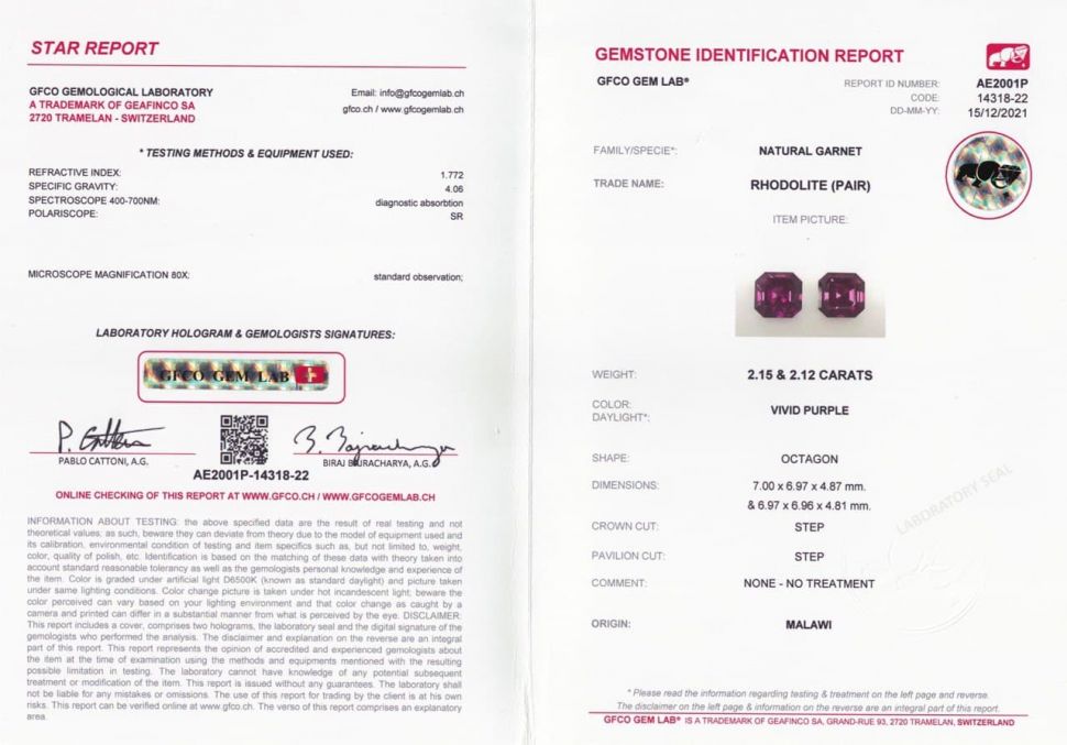 Certificate Intense pair of asscher cut rhodolites 4.27 ct, Malawi