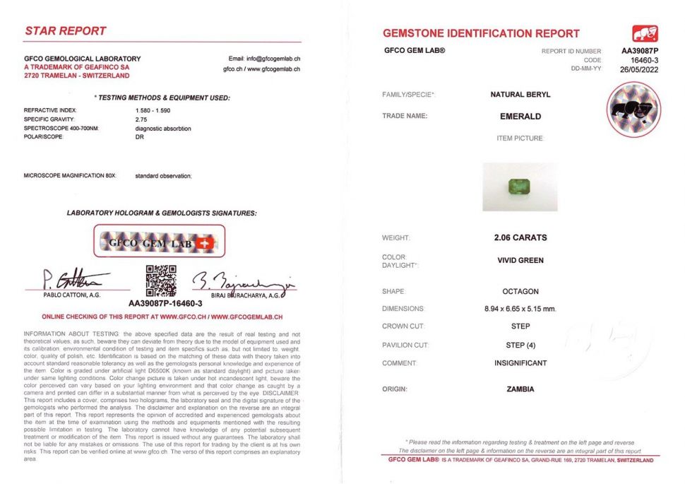 Certificate Octagon emerald 2.06 ct, Zambia, Insignificant