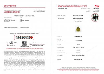 Certificate Bright yellowish green pear cut sphene 4.17 ct, Madagascar