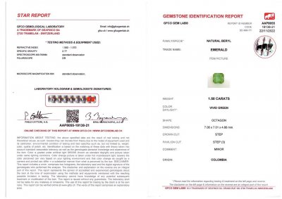 Certificate Colombian Vivid Green Emerald asscher shape 1.58 ct