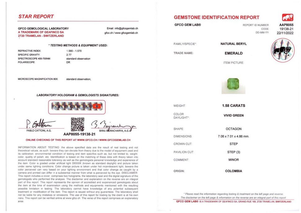 Certificate Colombian Asscher Emerald 1.58 ct
