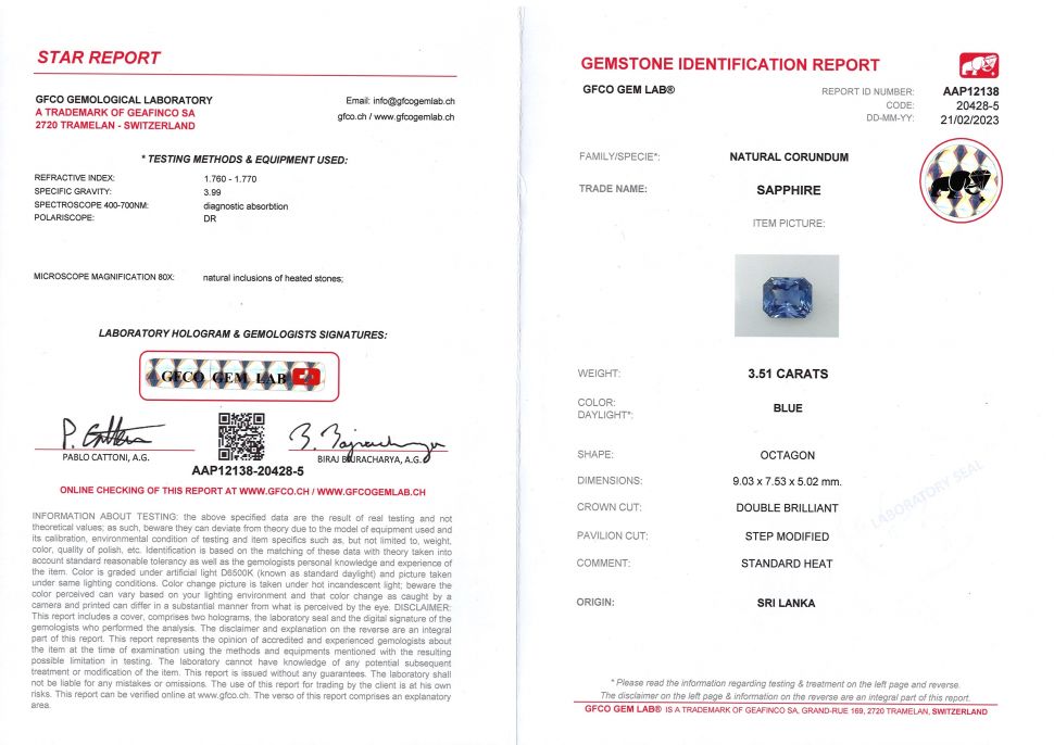 Certificate Natural blue sapphire in radiant cut 3.51 ct, Sri Lanka