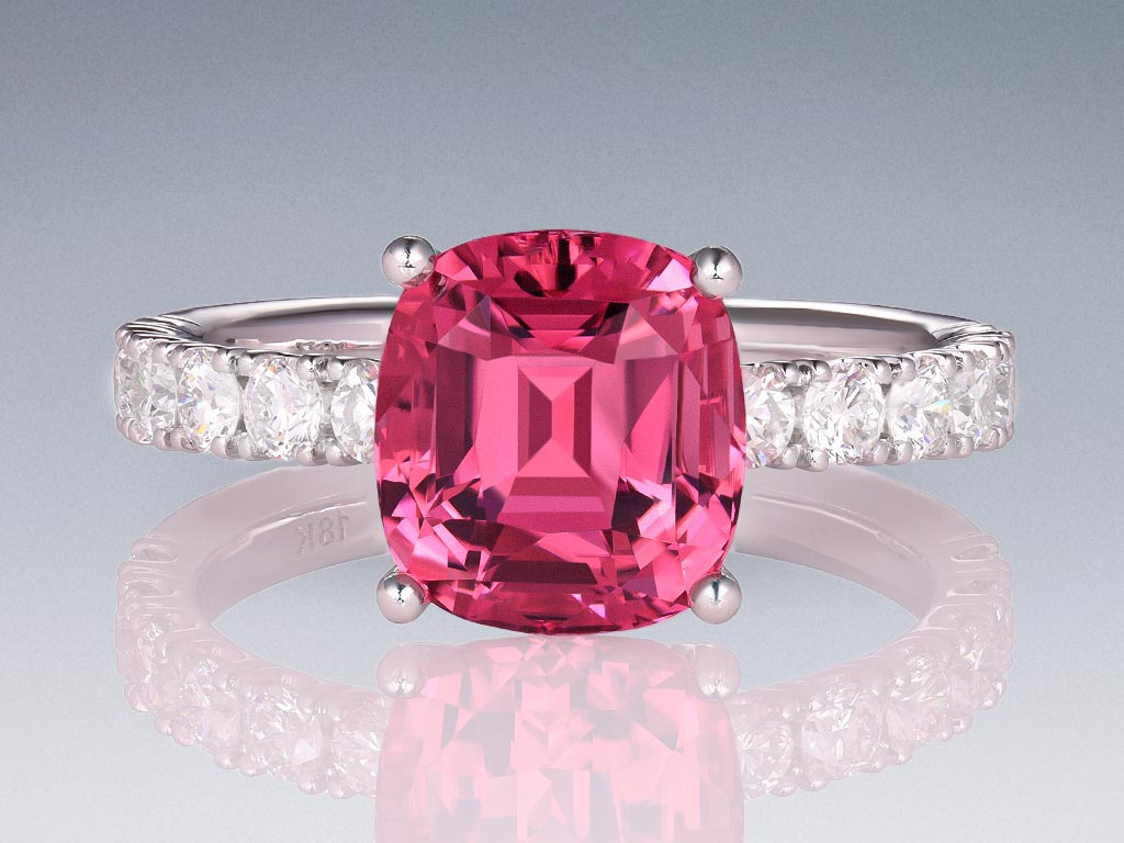 Ring with 3.16 carat pink tourmaline and diamonds in 18K white gold Image №1