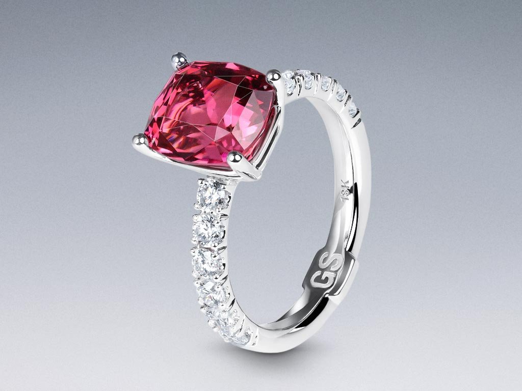 Anillo con turmalina rosa de 3,16 quilates y diamantes en oro blanco de 18 quilates  Image №4