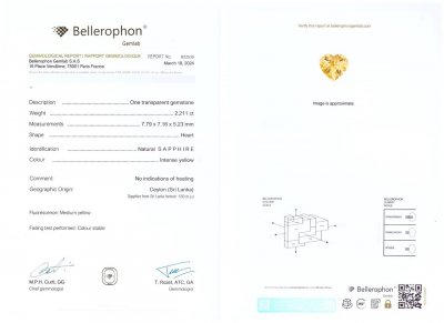 Certificate Saphir taille coeur jaune vif non traité 2,21 carats, Sri Lanka