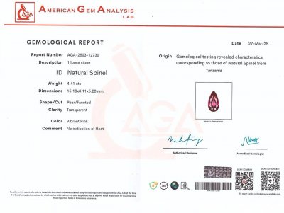 Certificate Leuchtend rosaroter Mahenge-spinell im birnenschliff 4,41 carats, Tansania