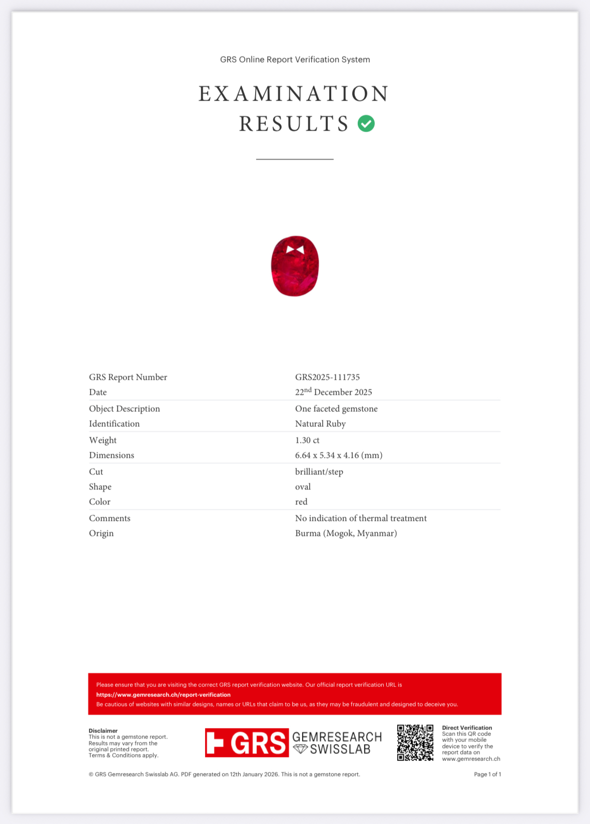 Rubí de talla ovalada sin calentar, 1,30 quilates, Mogok, GRS Image №6