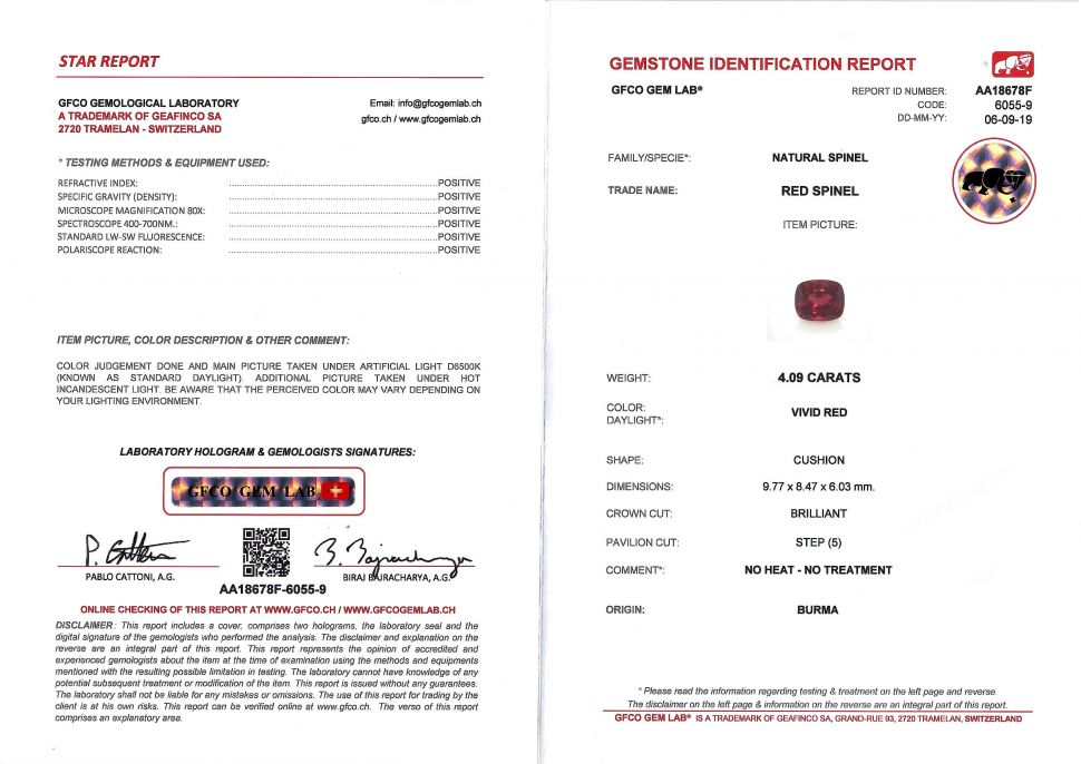 Certificate Burmese red spinel 4.10 ct, GFCO, MGL