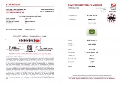 Certificate Intense emerald from Colombia 0.84 ct
