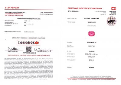 Certificate Rubellite taille coussin rose intense 2,38 ct