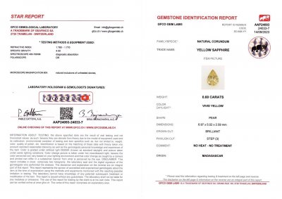 Certificate Unbeheizter gelber Saphir im Tropfenschliff, 0,60 Karat, Madagaskar