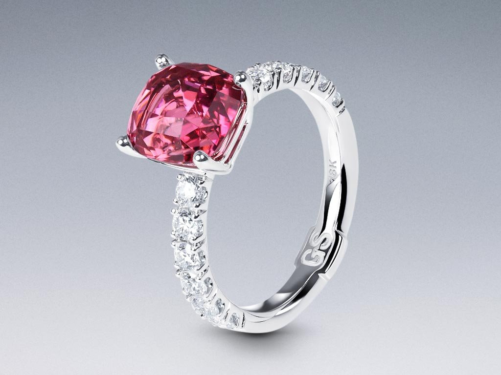 Ring with red-pink rubellite 3.42 carats and diamonds in 18K white gold Image №4