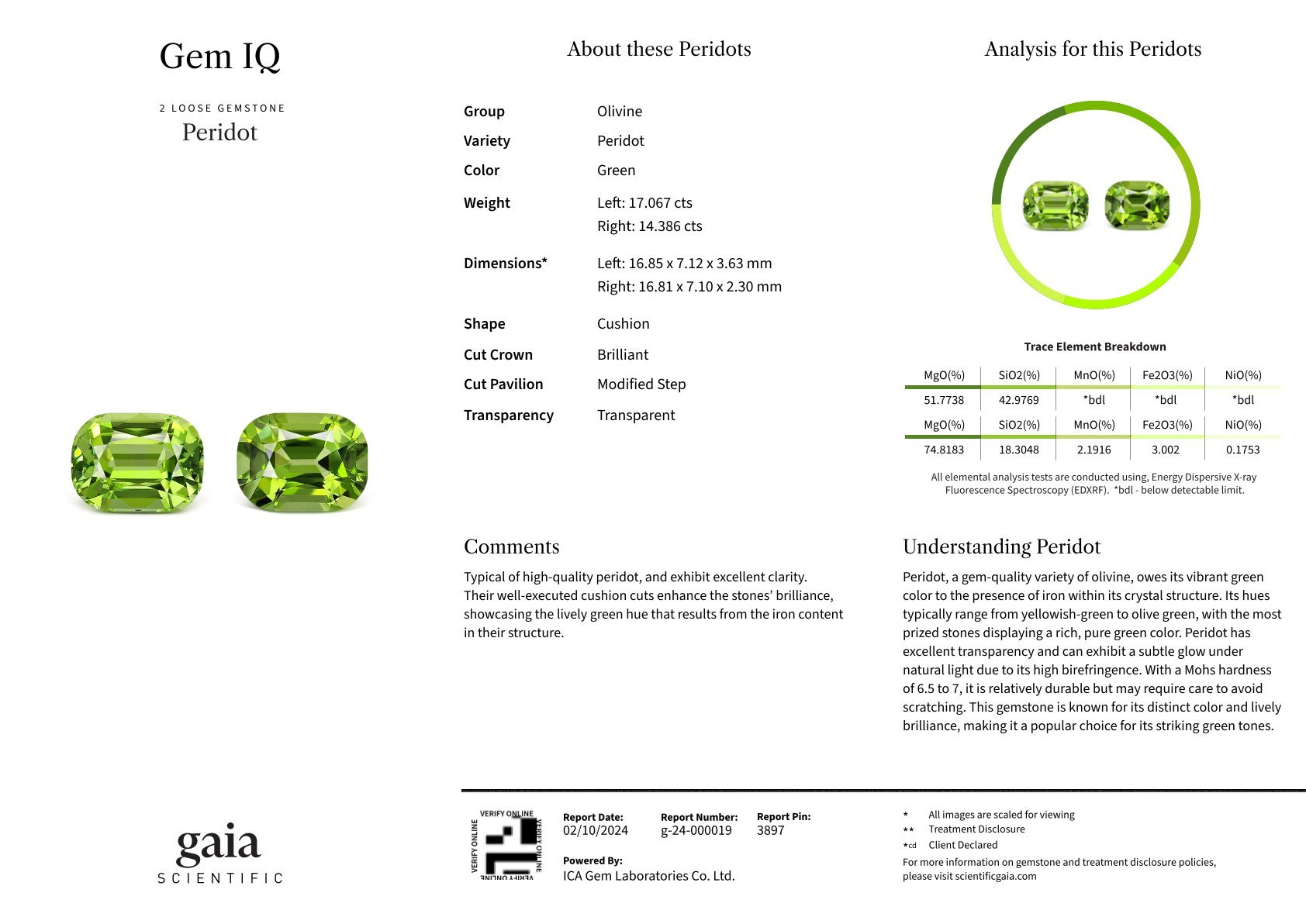 Pair of large cushion-cut peridots 31.45 carats, Mozambique Image №5