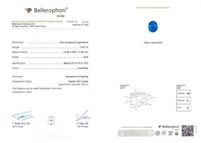 Certificate Saphir bleu royal taille ovale 7,42 ct Sri Lanka