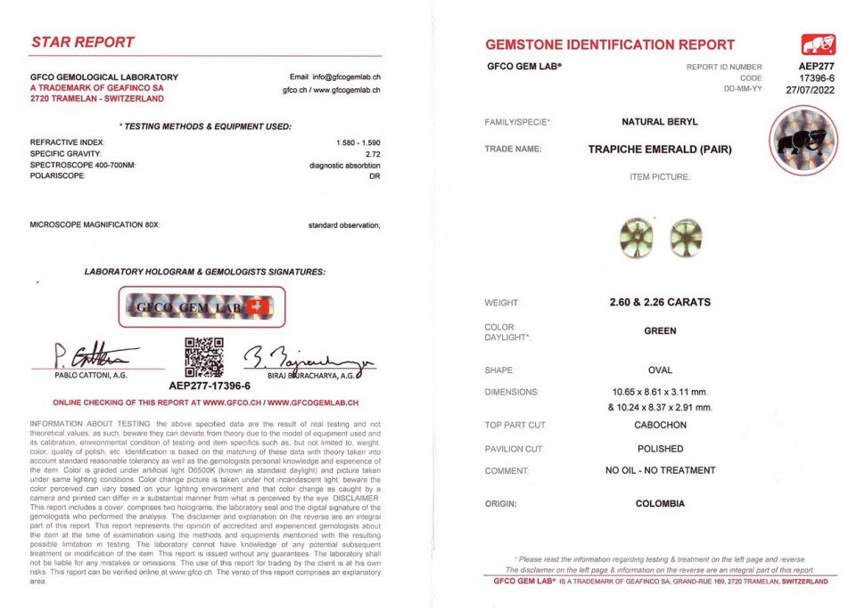 Certificate Trapiche emeralds in cabochon cut 4.86 ct, Colombia