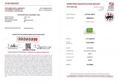 Certificate Intense Vivid Green emerald 1.17 ct, Colombia