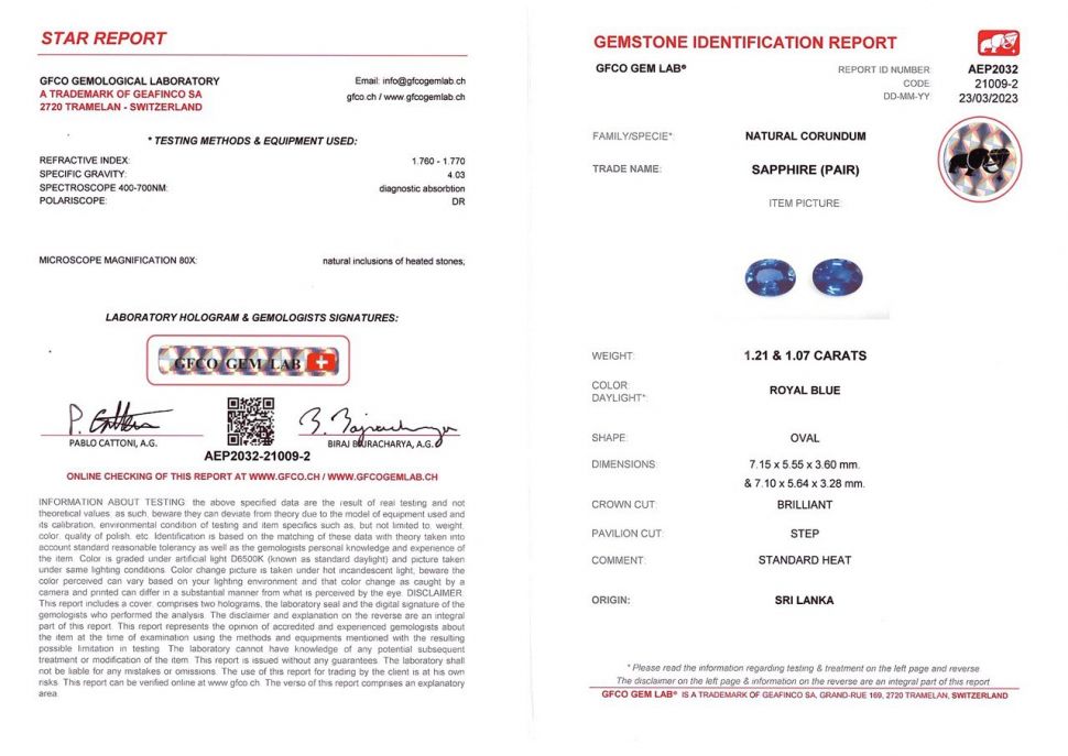 Certificate Pair of Royal blue oval cut sapphires 2.28 ct, Sri Lanka