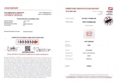 Certificate Octagon cut pink tourmaline, 2.97 ct, Congo