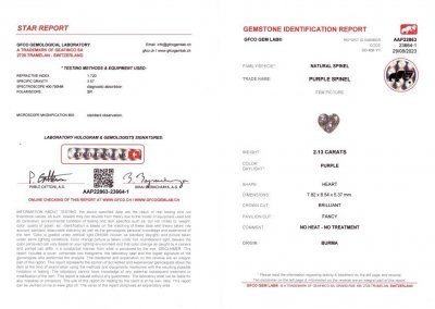 Certificate Spinelle violet intense taille cœur 2,13 ct, Birmanie