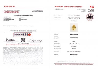 Certificate Saphir jaune taille poire non chauffé 0,84 carats, Madagascar