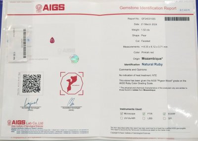 Certificate Rubí cortado en pera sin calentar, 1,52 quilates, sangre de paloma, Mozambique