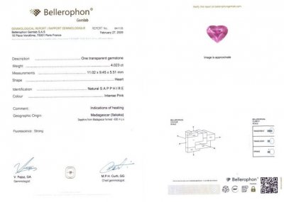 Certificate Saphir rose taille coeur 4,02 carats, Madagascar
