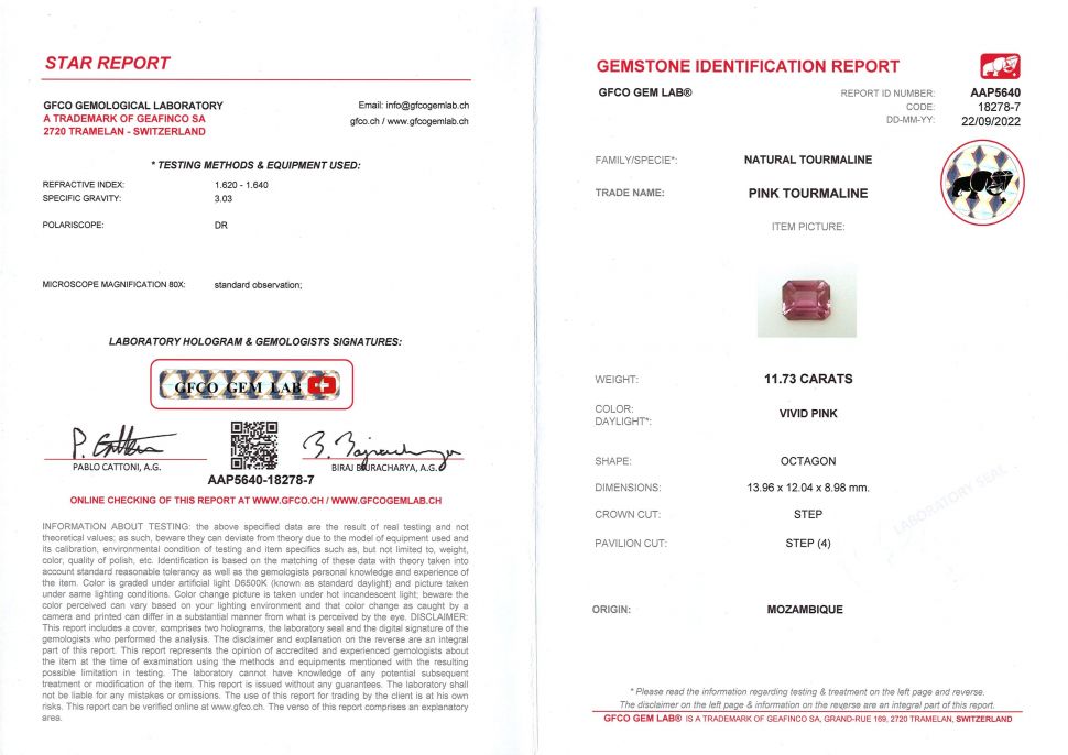 Certificate Large octagon cut pink tourmaline 11.73 ct, Mozambique