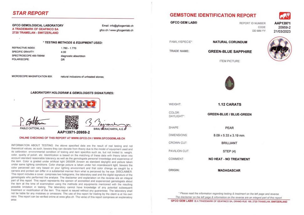 Certificate Madagascar unheated sapphire in pear cut  1.12 ct