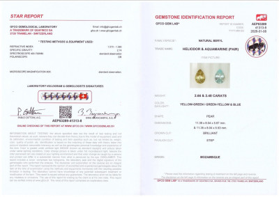 Certificate Kontrastierendes paar birnenförmig aquamarine  5,14 karat, Mosambik