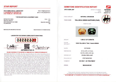 Certificate Сontrasting pair of unheated sapphires radiant cut 2.16 carats, Madagascar