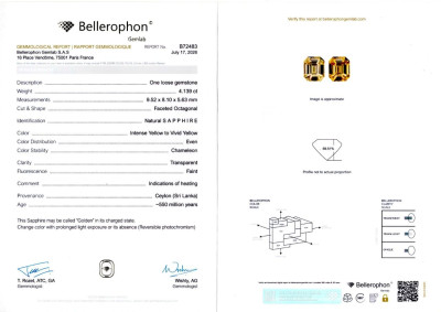 Certificate Pair of sapphires Golden Yellow octagon cut 8.14 carats, Sri Lanka
