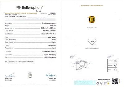 Certificate Pair of sapphires Golden Yellow octagon cut 8.14 carats, Sri Lanka