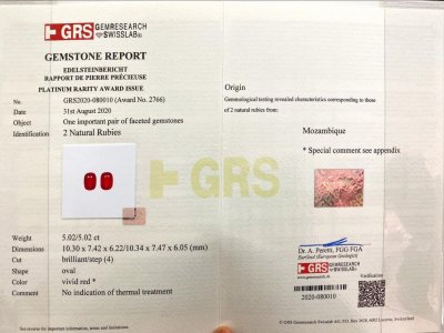 Certificate Unique pair of 10.04 ct Vivid Red rubies - Pigeon's blood, Mozambique, GRS /SSEF