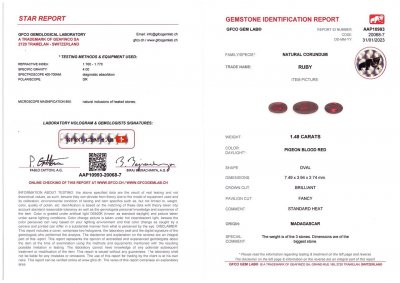 Certificate Set of Madagascar pigeon blood red rubies 1.48 ct