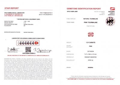 Certificate Tourmaline taille octogonale rose orangé 1,31 ct