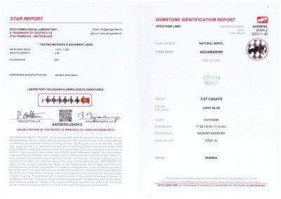 Certificate Aigue-marine taille octogonale 5,27 carats, Nigeria