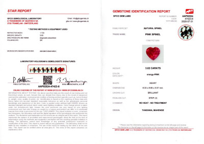 Certificate Mahenge-spinell herzförmig 3,02 karat, Tansania
