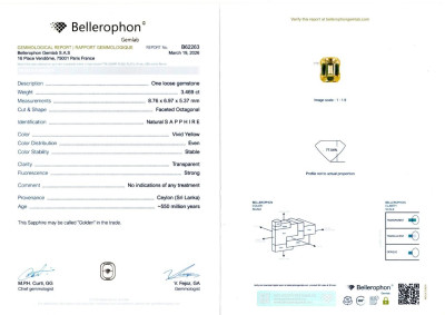 Certificate Paar unbehandelte saphire Golden Yellow im oktagon-schliff 6,53 karat, Sri Lanka