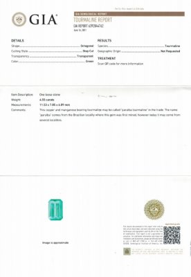 Certificate Bright Paraiba tourmaline, octagon cut 4.55 ct, Mozambique