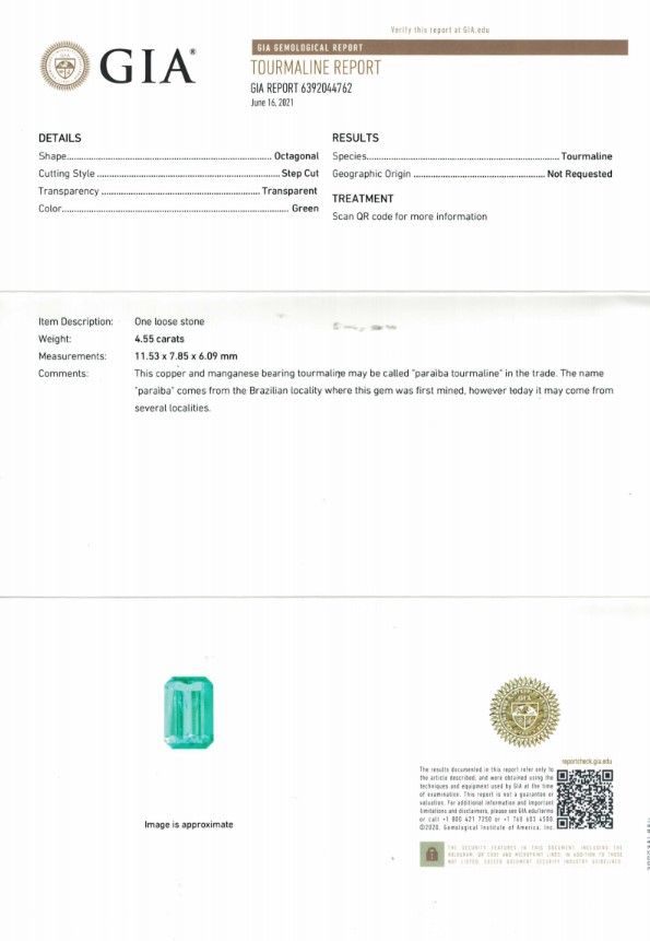 Certificate Bright Paraiba tourmaline, octagon-cut 4.55 ct, Mozambique