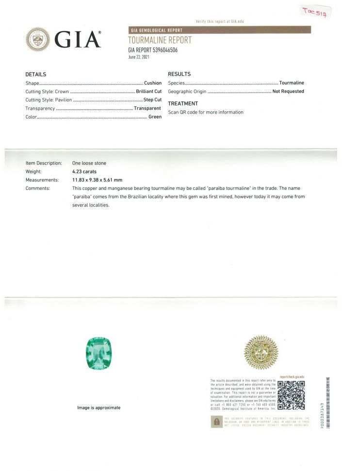 Certificate Cushion-cut Paraiba tourmaline 4.23 ct