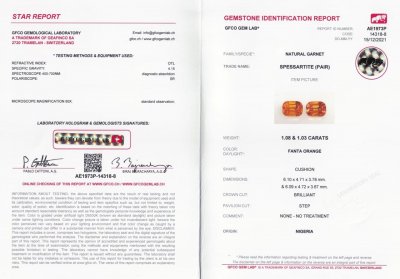 Certificate Pair of bright cushion cut spessartines 2.11 ct, Nigeria