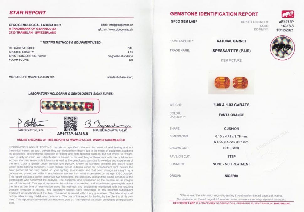 Certificate Pair of bright cushion-cut spessartines 2.11 ct, Nigeria