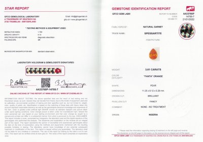 Certificate Pear cut Fanta Spessartine 3.61 ct, Nigeria, GFCO