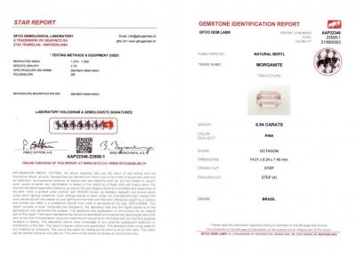 Certificate Morganite rose intense taille octogonale 6,94 ct, Brésil