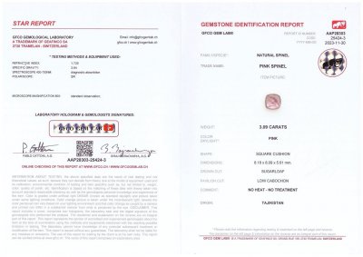 Certificate Pain de sucre spinelle rose du Pamir taillé 3,09 carats